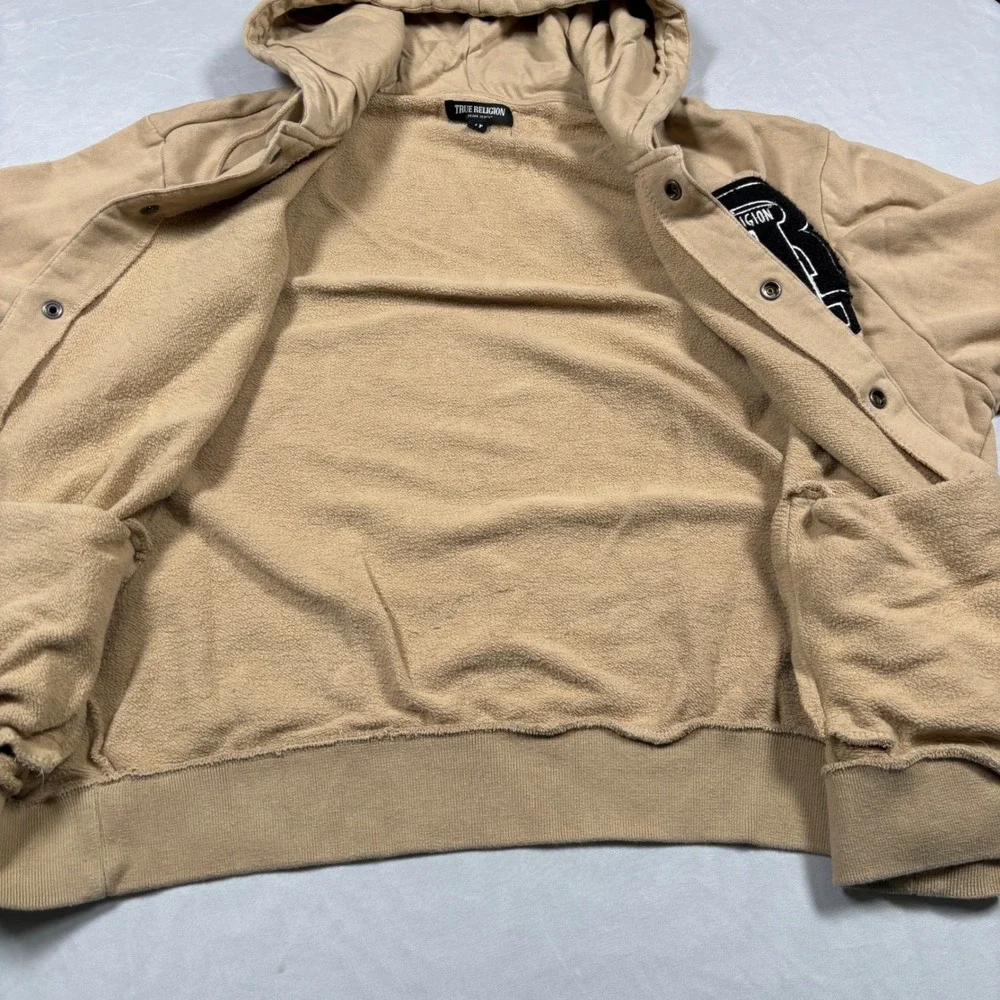 True Religion Varsity Hoodie Mens XL Tan Snap Front Chenille Logo Jacket Hoodie